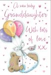 New Baby Girl Granddaughter Card - Bear & Balloons