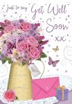 Get Well Soon Card - Pink Flowers & Present