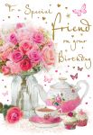 Birthday Card - Special Friend - Flowers & Teapot - Regal