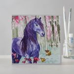 Greetings Card Open - Purple Friesan Horse Pony Watercolour